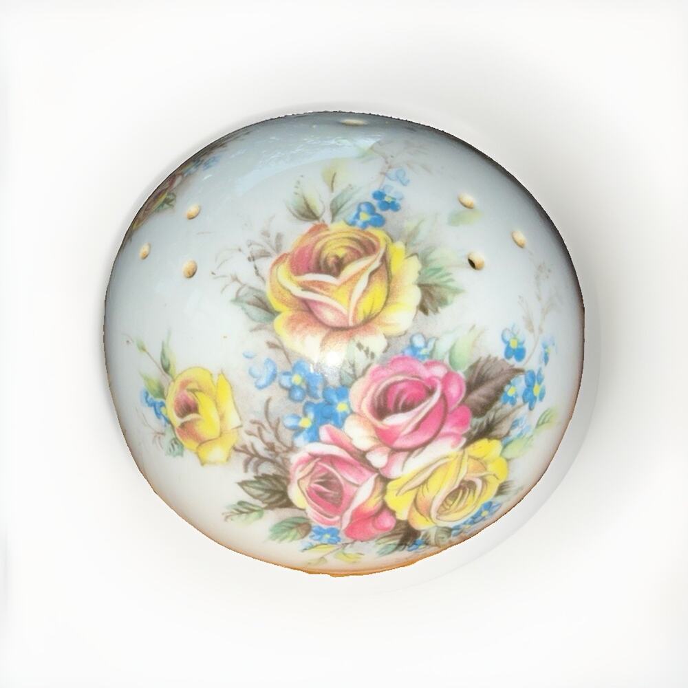 Vintage Pomander Yellow Pink Roses Potpourri Bone China Ball white 3” England
